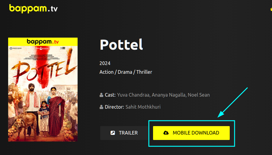 Pottel (2024) movie poster; Action, Drama, Thriller; mobile download available.