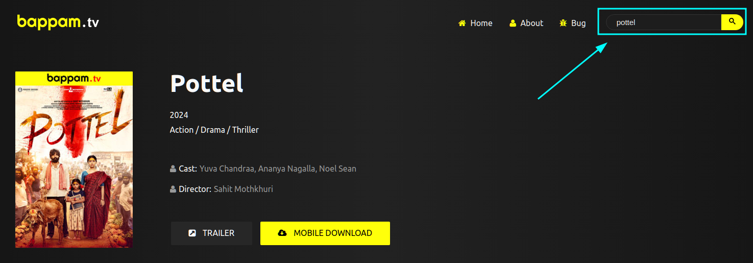 Search bar with "pottel" typed in it, next to movie poster for Pottel, a 2024 action/drama/thriller.