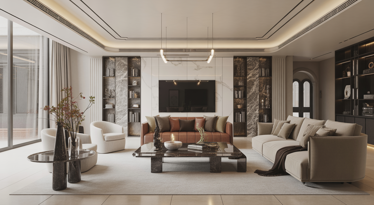 Luxury living room interior with high-end furniture and marble accents