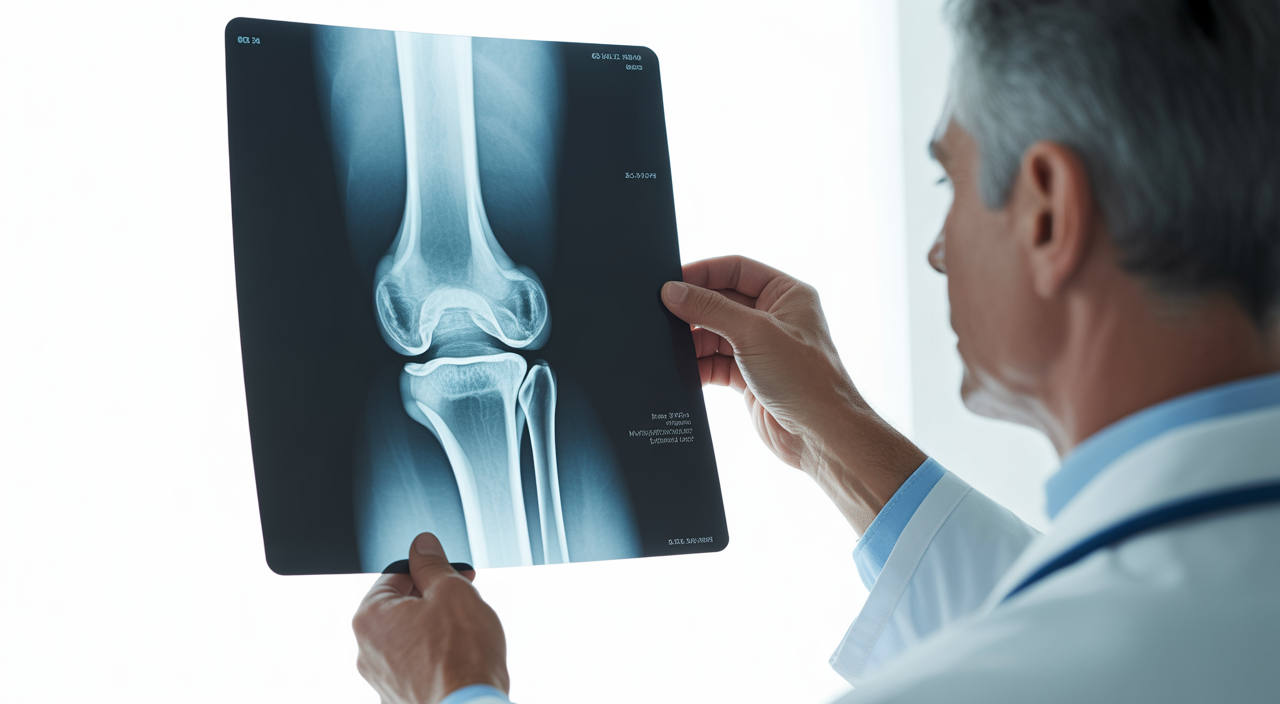 Orthopedic surgeon examining knee x-ray