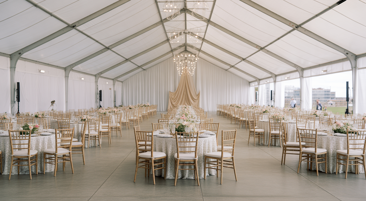 Elegant event decor setup in a Virginia venue, featuring tables, chairs, and a stylish backdrop.