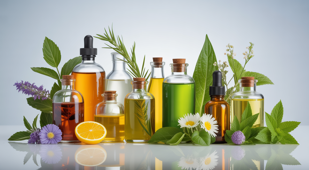 Natural herbal extracts in glass bottles