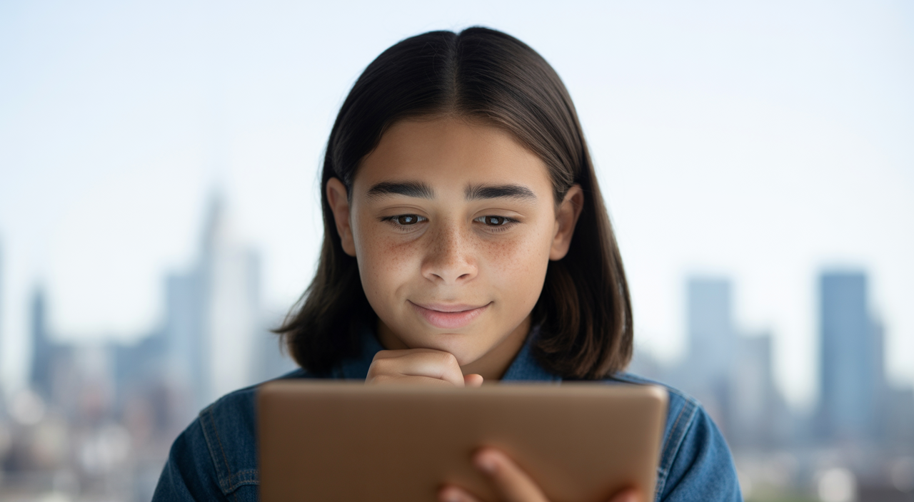 A teenager engaged in telehealth peer support, looking at a screen with a hopeful expression, symbolizing virtual connection for youth mental wellness in New York City.
