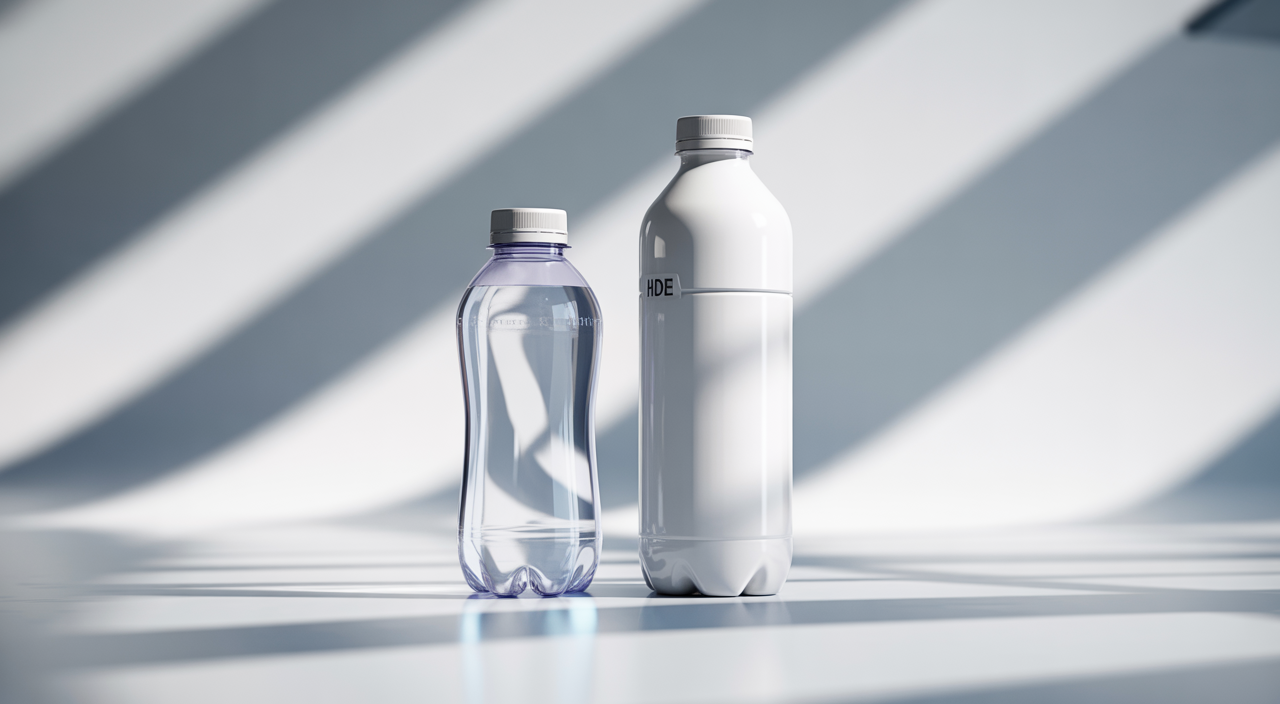 Modern clear PET and white HDPE drink bottles on a clean background, symbolizing quality beverage packaging and manufacturing.