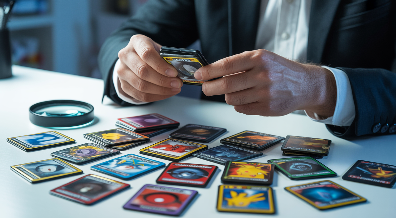 Hands closely inspecting a collection of Pokémon cards for authenticity on a white surface with a magnifying glass