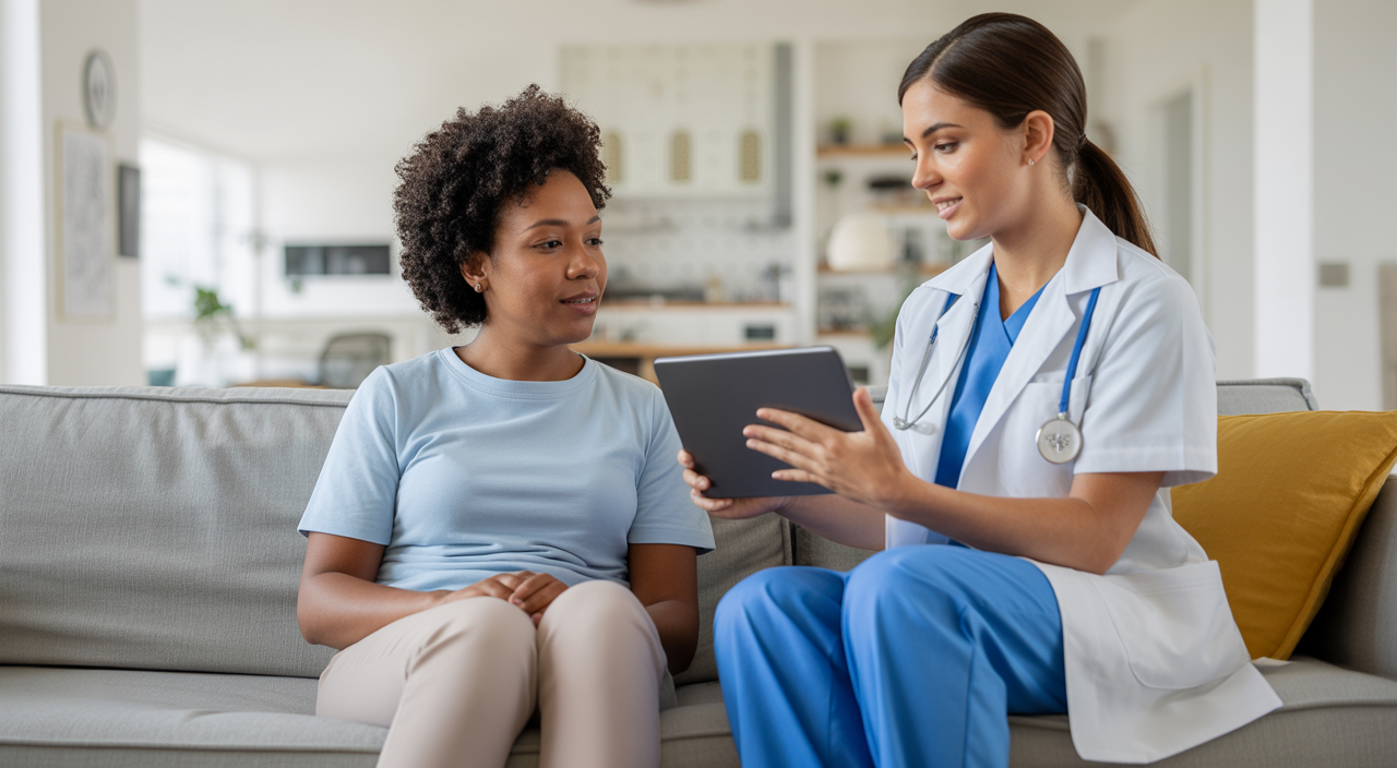 A female doctor provides in-home medical care to a patient in a modern living room, emphasizing convenience and personalized treatment.