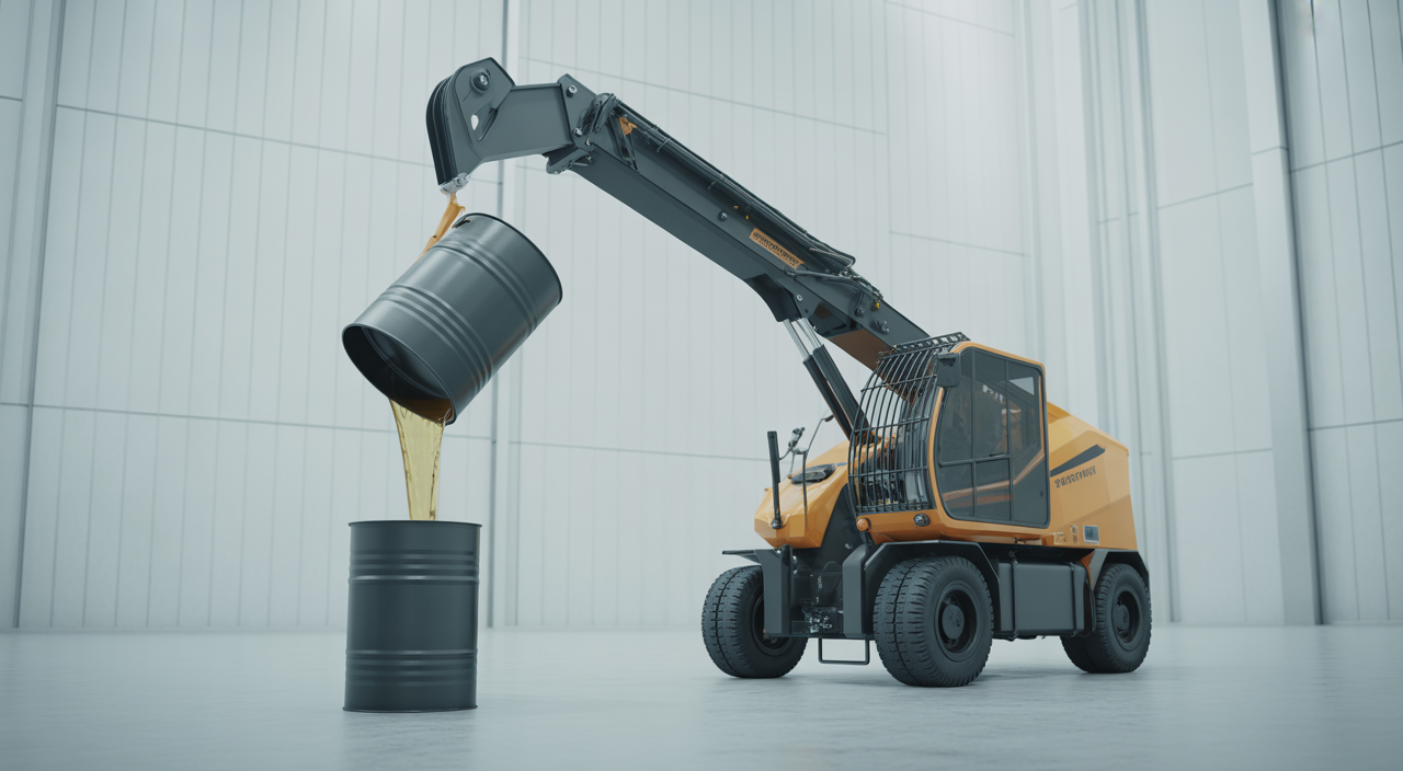 Telescoping portable drum inverter lifting and pouring liquid from an industrial drum into a receiving container in a clean manufacturing facility.