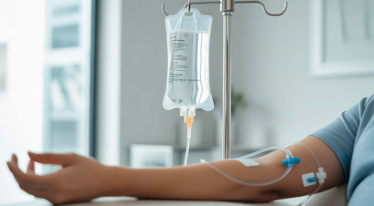 Close-up of an IV drip administering fluids to a person's arm in a clean, modern clinic, symbolizing health and wellness