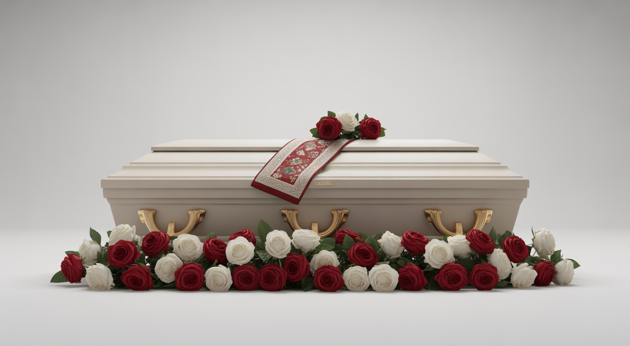 Elegant white casket with a folded Persian textile and rose arrangement on a neutral background, symbolizing a respectful Iranian burial service in Southern California