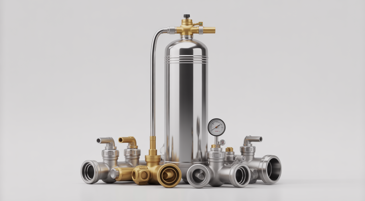 Close-up hero photo of a polished fire suppression cylinder and valve assembly with pressure gauge and nozzles on a clean white background