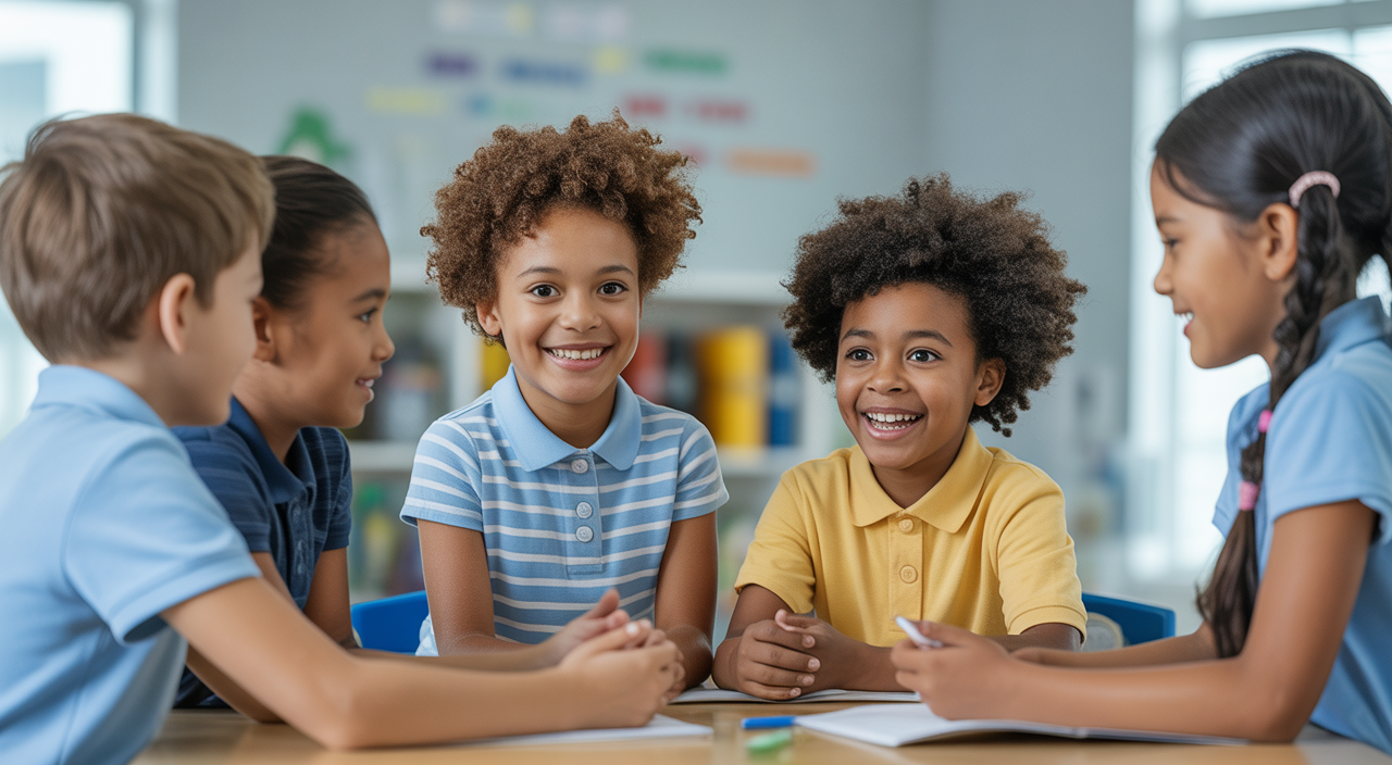 Diverse school children interacting with a teacher in a bright classroom during an ABA therapy session