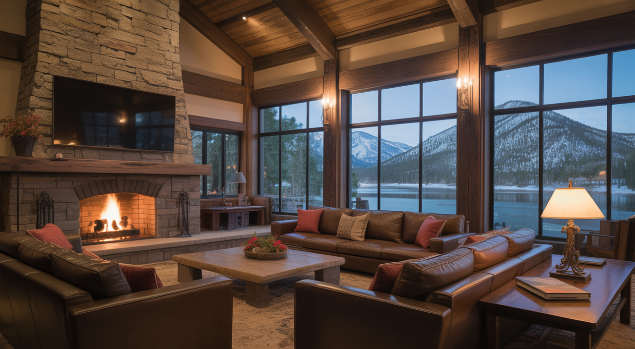 Luxurious Big Bear lodge interior with fireplace and snowy mountain lake view for a romantic getaway.