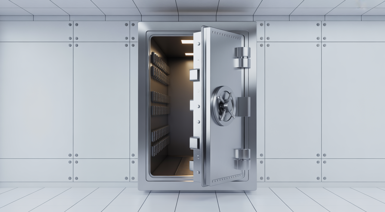Photorealistic image of a modern, high-security safe room door with steel construction and multi-point locks on a white background