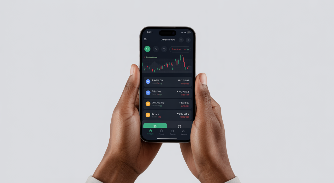 Photorealistic image of an Indian investor holding a modern smartphone displaying a secure cryptocurrency exchange interface with clean white background