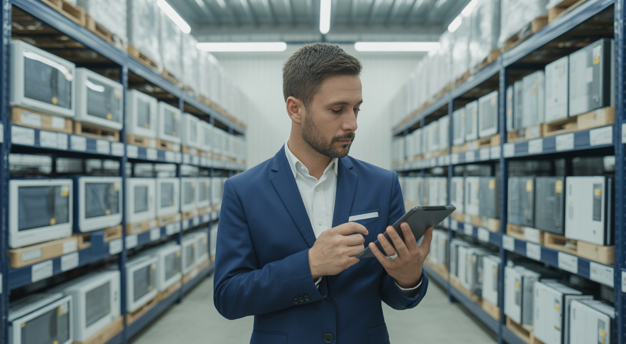 Electronics importer inspecting shipment in a clean warehouse with modern devices for import compliance