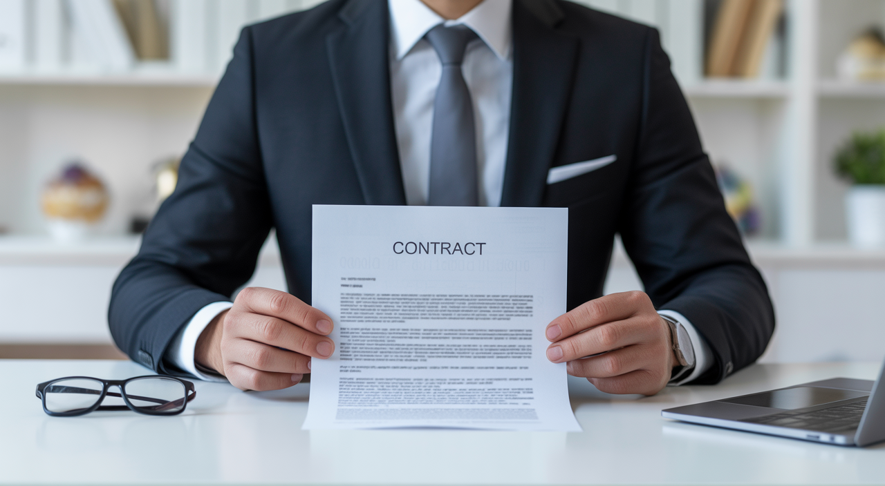 Business attorney reviewing a SaaS contract on a clean white desk with a laptop and glasses, professional legal consultation concept