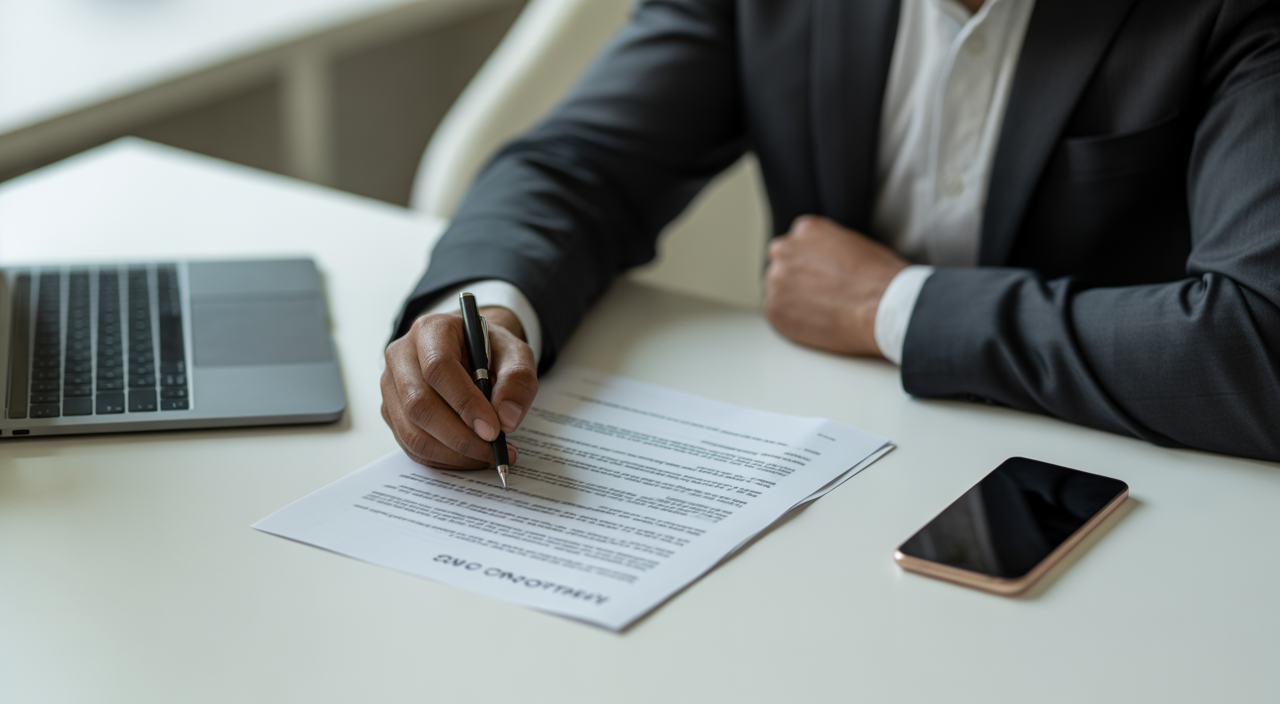Professional photo of a SaaS contract attorney reviewing a service agreement at a white desk, with laptop and phone nearby, symbolizing legal review for software businesses