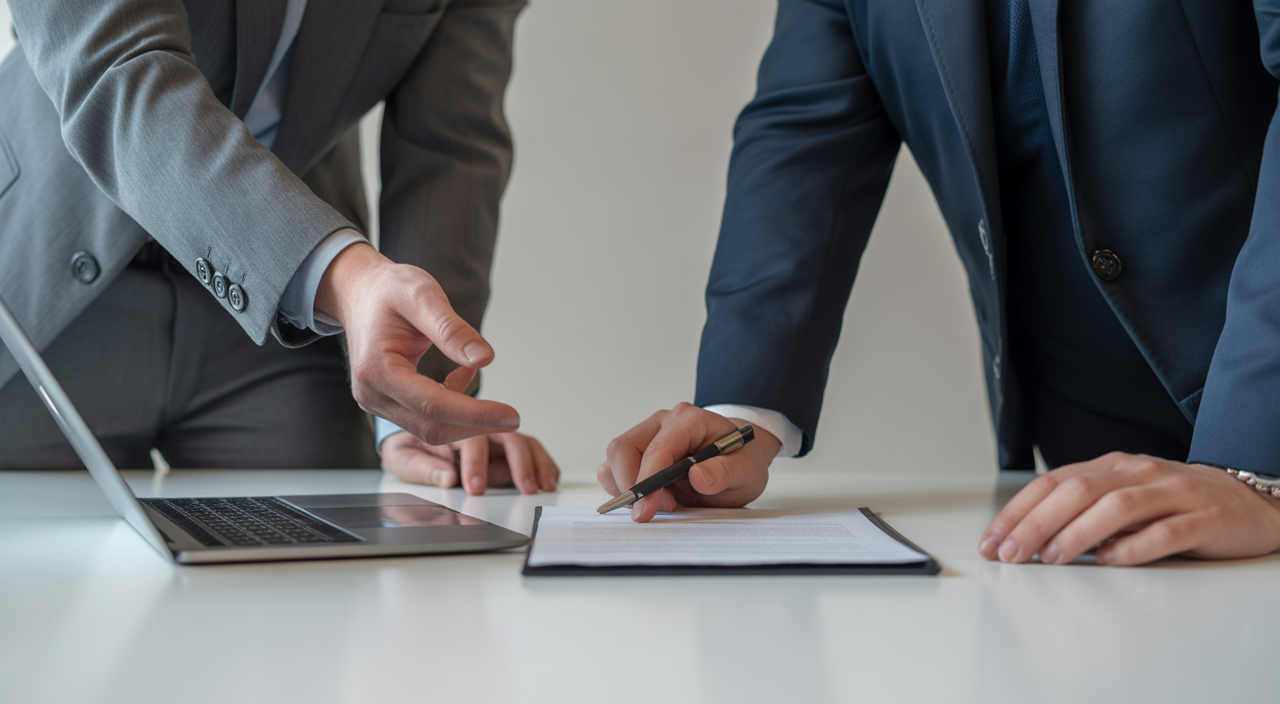 Startup founder and SaaS contract attorney reviewing an agreement on a laptop in a clean studio setting, professional legal consultation for a cloud software business
