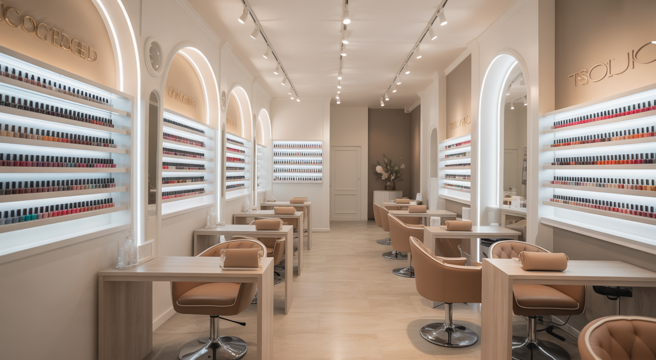 Interior view of a luxury nail salon with bright, clean, and welcoming atmosphere featuring modern design and organized nail polish displays