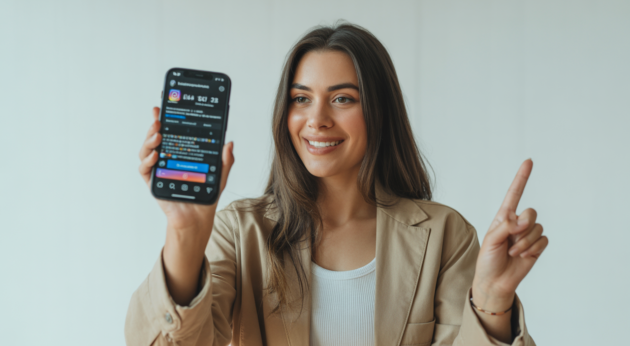 High-quality professional photo of a young influencer checking Instagram growth on her smartphone with a clean white background