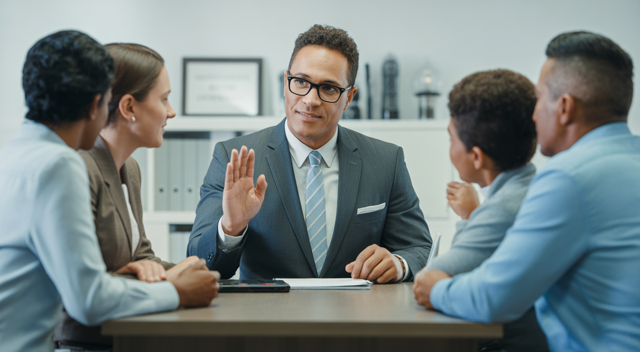 Confident insurance agent advising diverse Midwestern family in a modern office setting