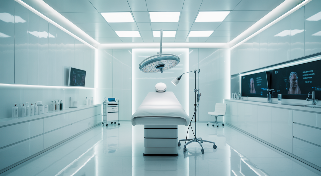 Photorealistic image of a modern hair transplant clinic consultation room with professional medical equipment and clean white background