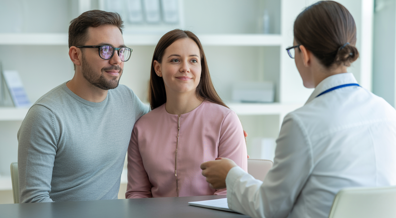 Hero image of hopeful couple consulting fertility specialist in modern clinic for IUI treatment planning in San Diego