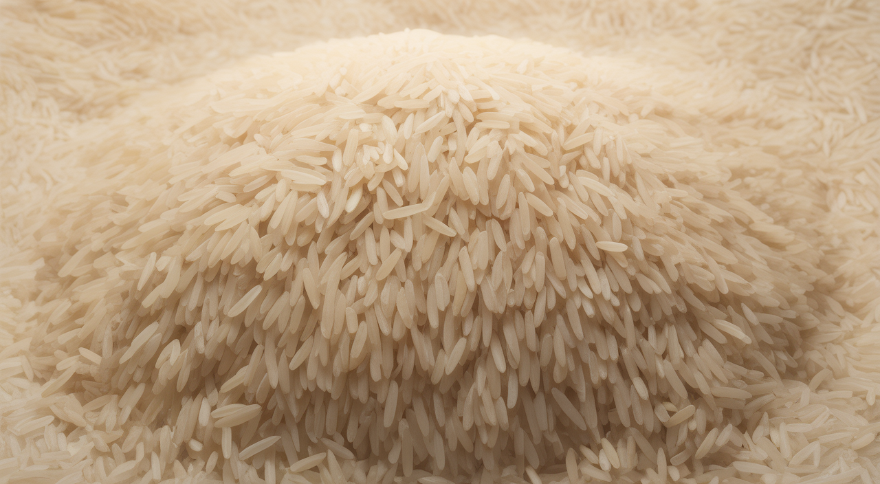 High-quality close-up of premium extra-long grain basmati rice grains on a white background showcasing uniformity and quality