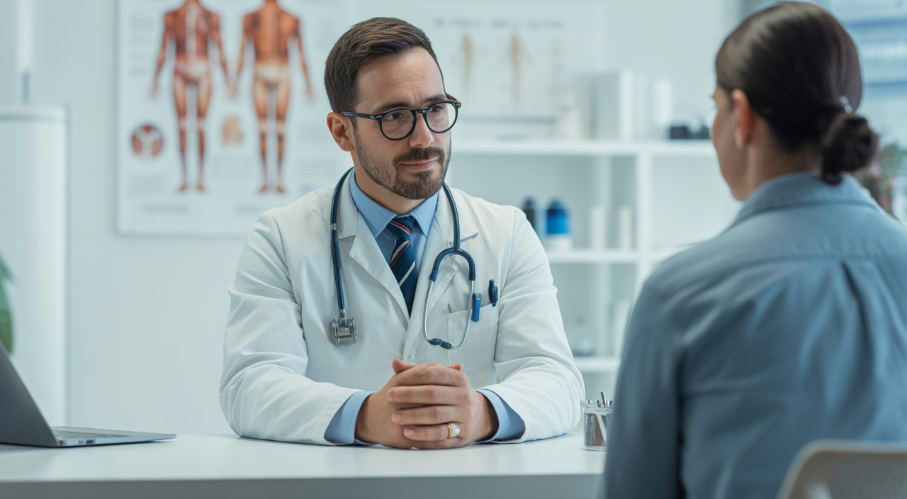 Orthopedic specialist consulting with patient in modern clinic setting